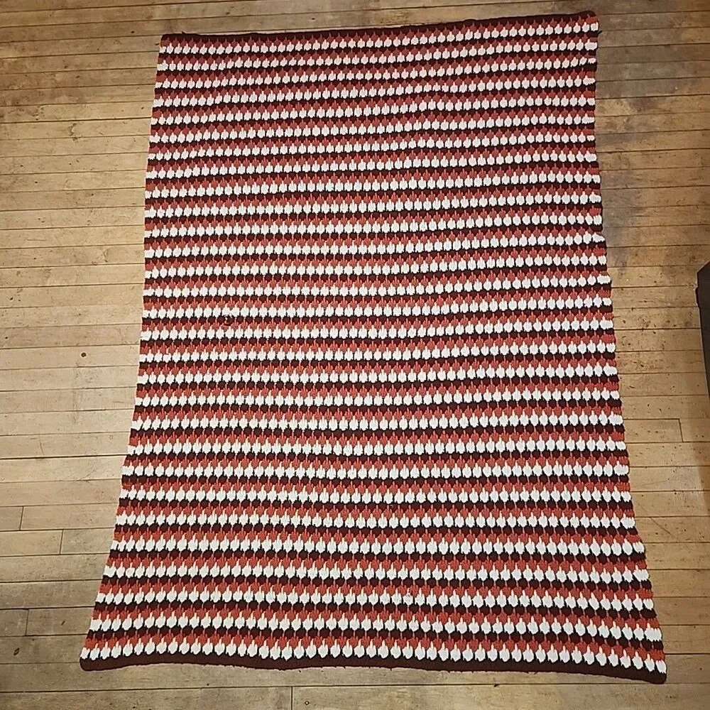 Afghan/Blanket Crocheted Rust-Brown-White  48”x74”Handmade Teardrop Pattern VTG
